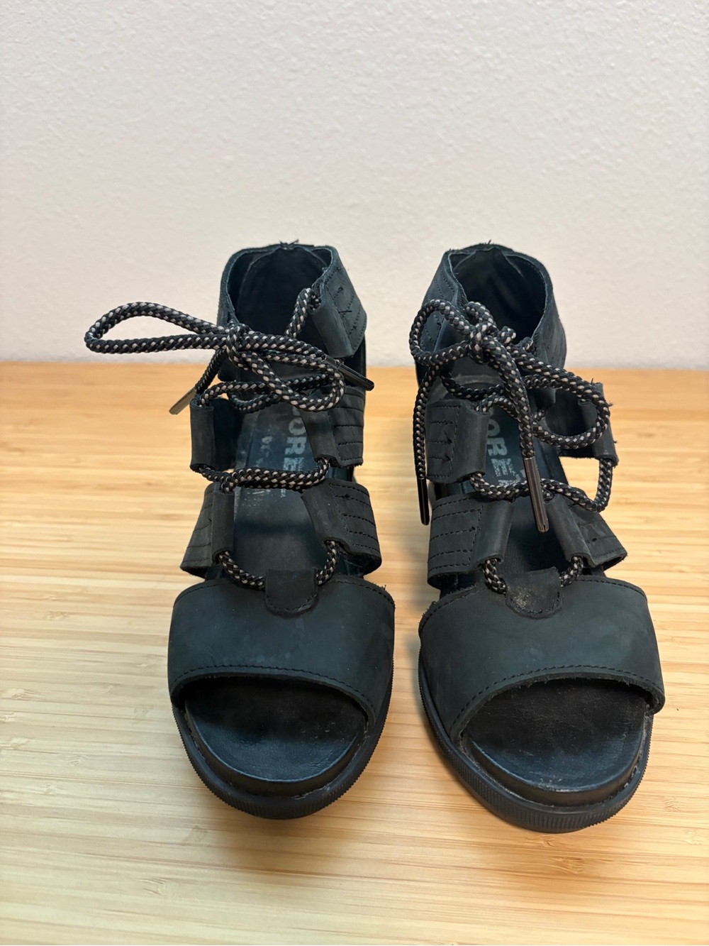 Sorel Black Open-Toe Lace-Up Wedge Sandals